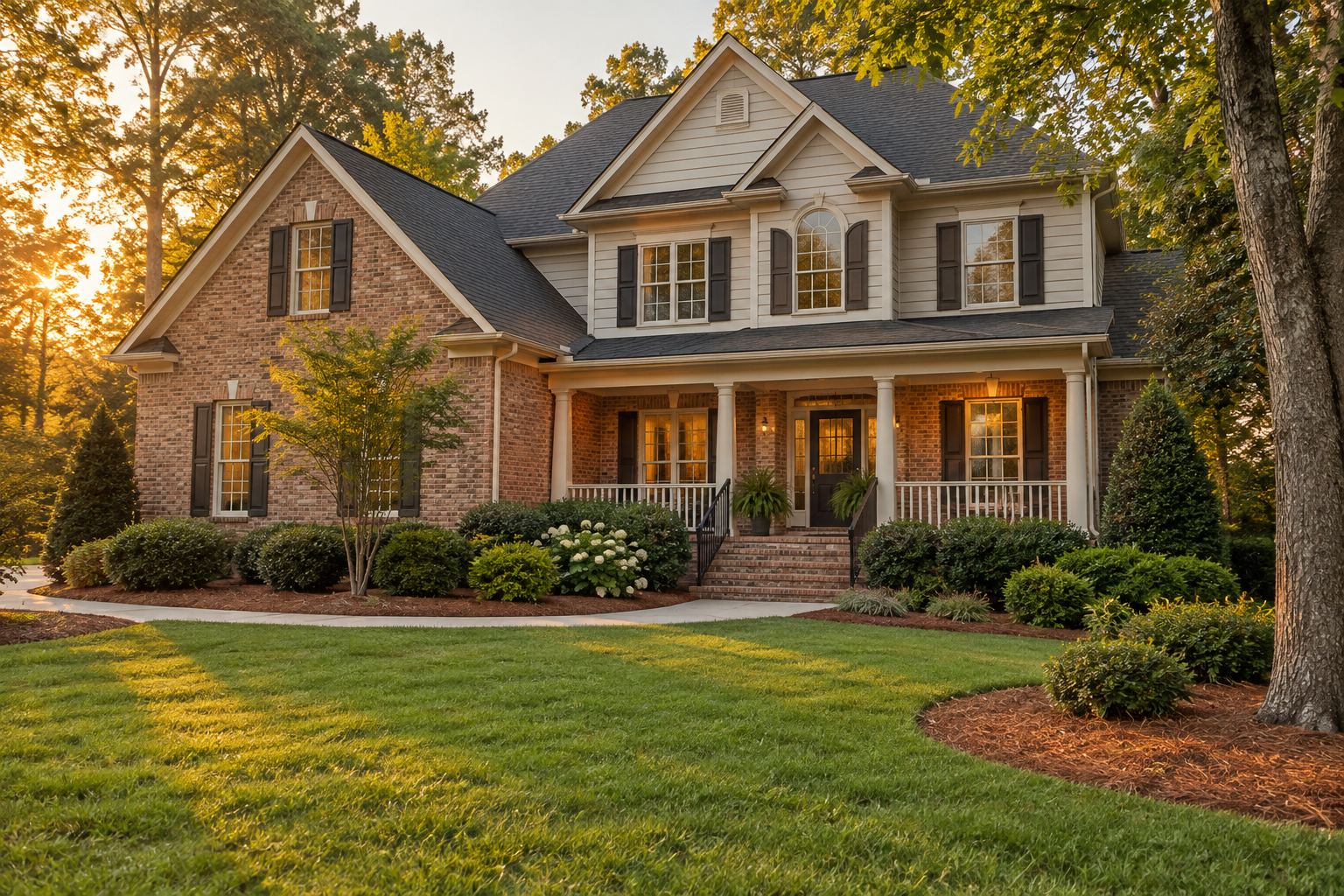 A residential street in north Georgia with mature trees, illustrative