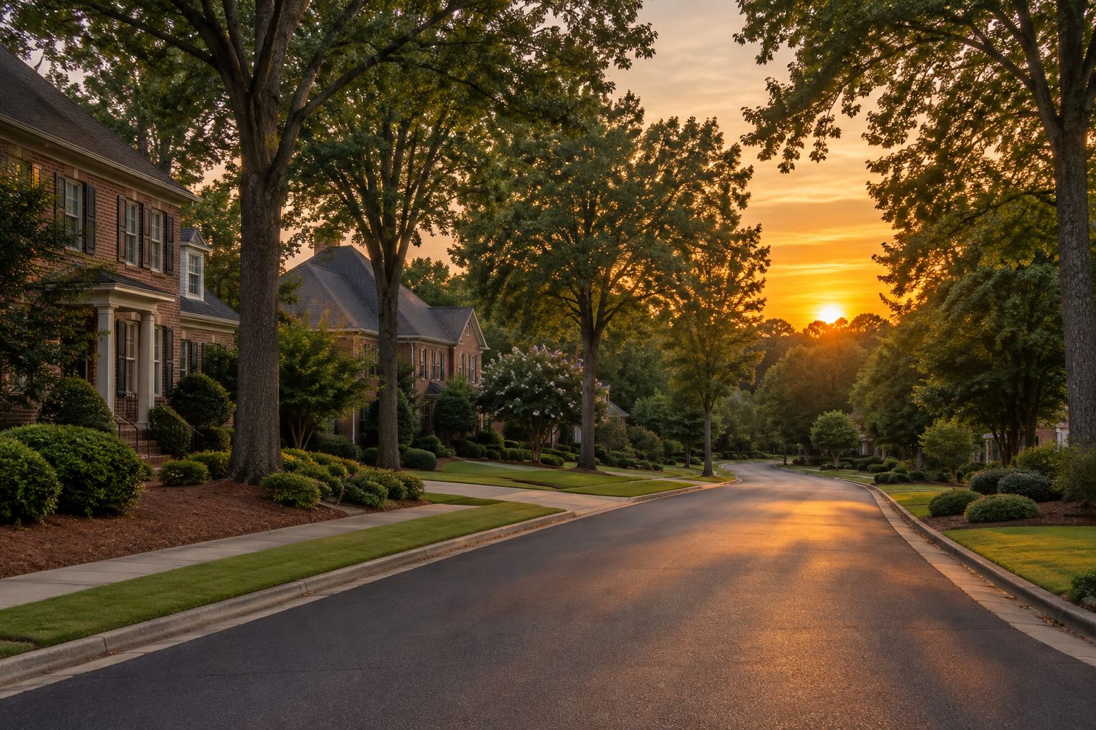 A Cumming residential street at sunset, illustrative