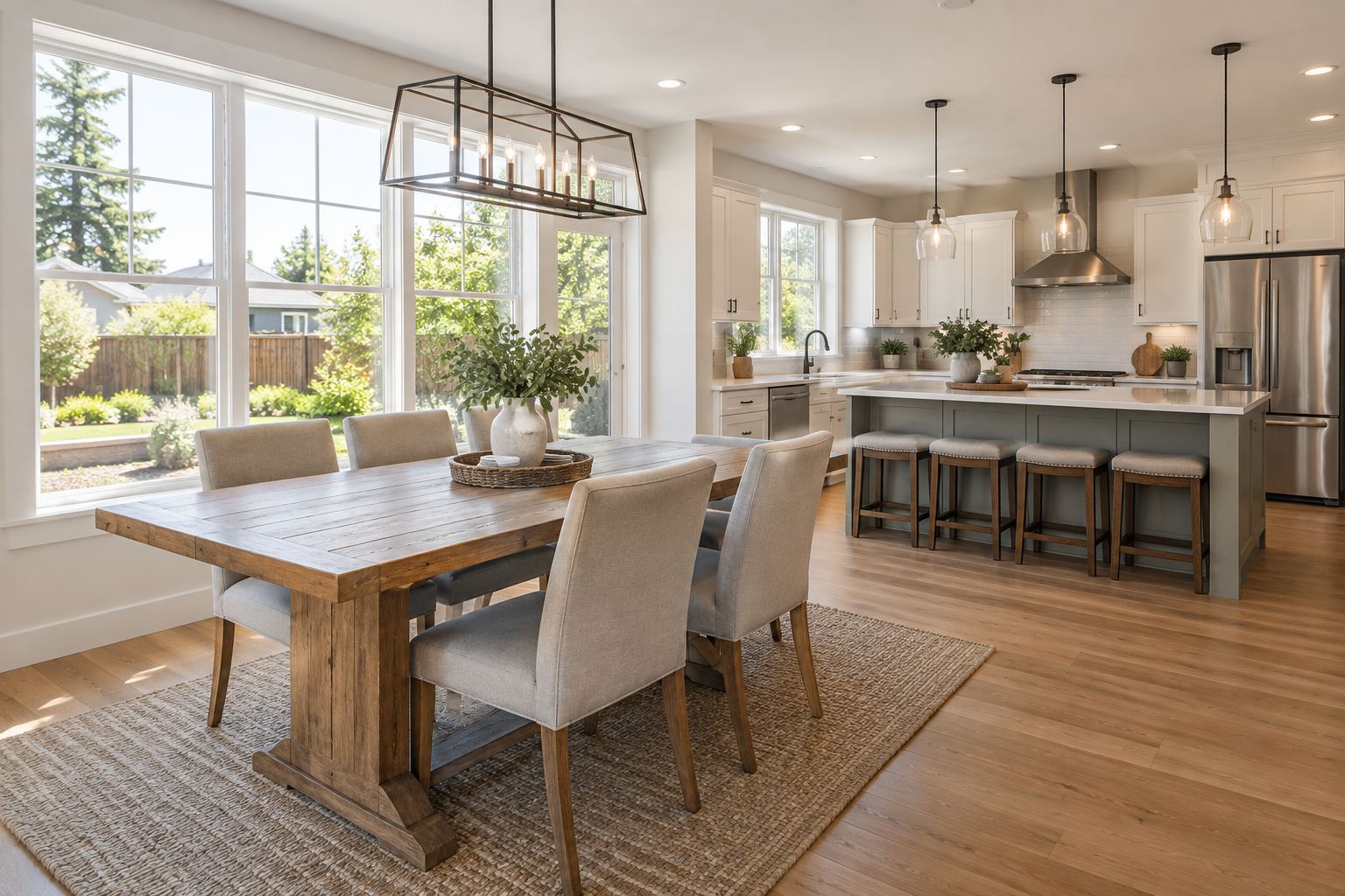 A bright coastal dining room, illustrative